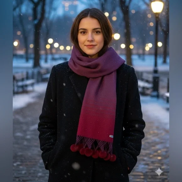 Renoma‎ Paris Merino Wool Scarf with fur pom poms - Picture 2 of 9